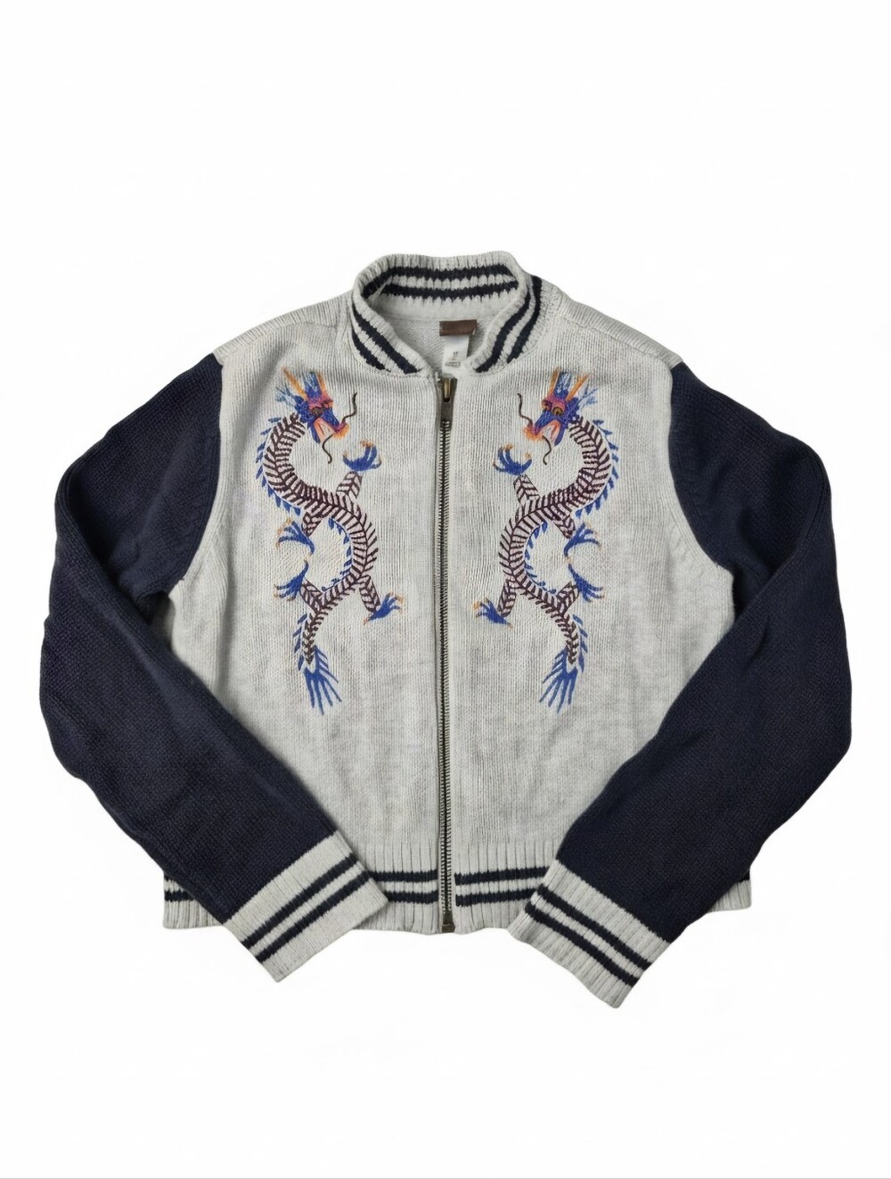 Tea Collection Embroidered Dragon Full Zip Knit Sweater Jacket Gray Navy 6/7